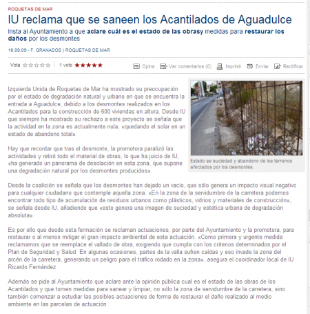 IU reclama que se saneen los Acantilados de Aguadulce. Ideal